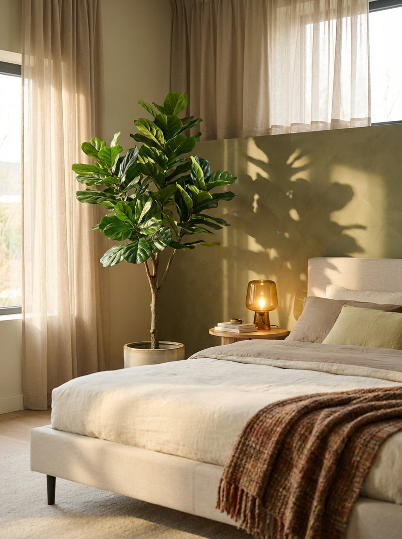 Kunstplanten slaapkamer: rust en groen combineren - Florafy kunstplanten blog