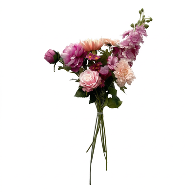 Kunstboeket roze met rozen, pioenrozen, gerbera en ridderspoor - 7 stelen