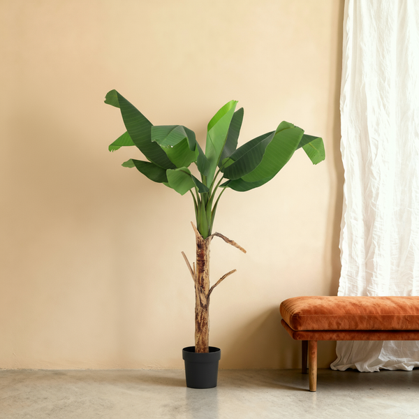 Pianta artificiale Banana | 150cm — primo piano tronco di legno vero