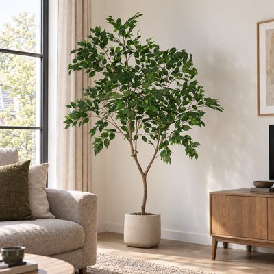 Kunstplant Ficus Benjamina | 225cm, in een interieur, in Pot Patt Beige Washed D34 x H28