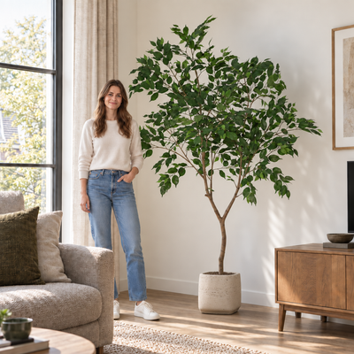 Kunstplant Ficus Benjamina | 225cm, naast een vrouw ter indicatie van de hoogte, in Pot Patt Beige Washed D34 x H28