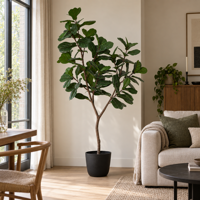 Kunstplant Ficus Lyrata Boom | 225cm, in een interieur, in Pot Palermo zwart D30 x H28