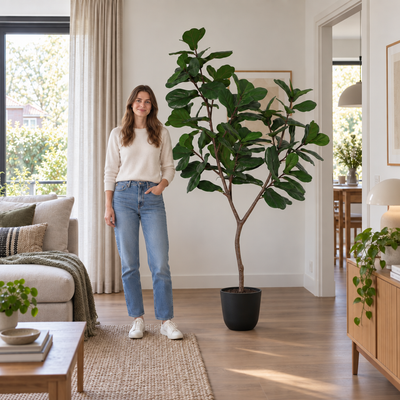 Kunstplant Ficus Lyrata Boom | 225cm, naast een vrouw ter indicatie van de hoogte, in Pot Palermo zwart D30 x H28