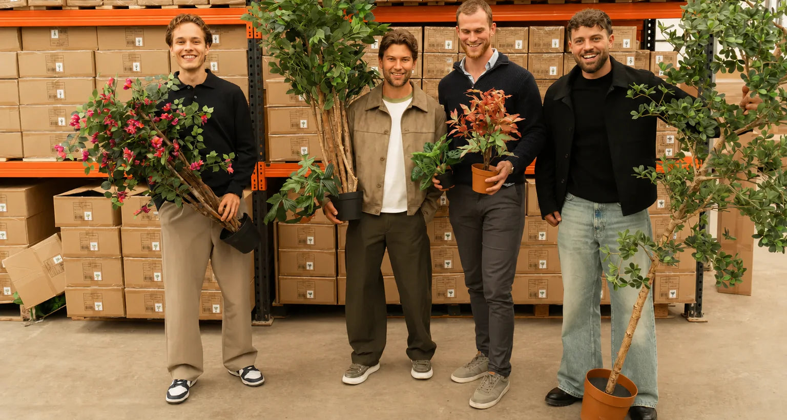 Het team van Florafy in het magazijn met kunstplanten en kunstbomen