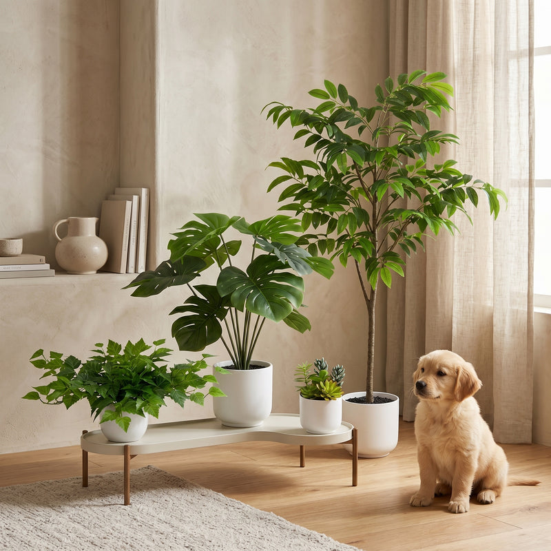 





Komplett växtset med vit dekorativ kruka - Lifestyle foto kunstplant in interieur
