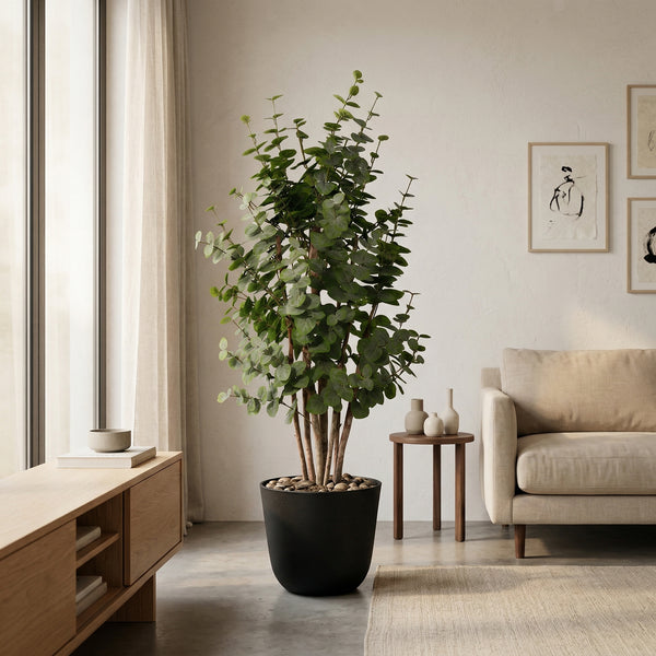 Kunstplant Eucalyptus Groen | 120cm — primo piano tronco di legno vero