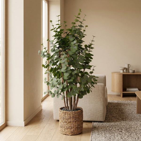Kunstplant Eucalyptus Groen | 120cm — primo piano tronco di legno vero