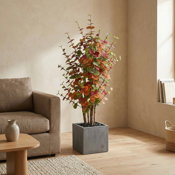 Kunstplant Eucalyptus Multicolor | 120cm — primo piano tronco di legno vero