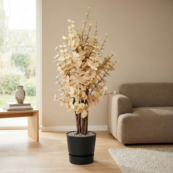Kunstplant Eucalyptus Geel | 125cm — gros plan tronc en bois véritable