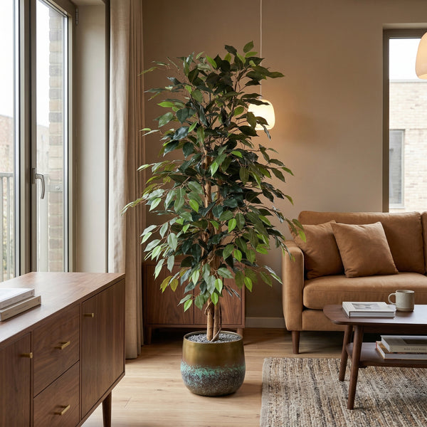 Kunstplant Ficus Benjamina | 130cm — primo piano tronco di legno vero