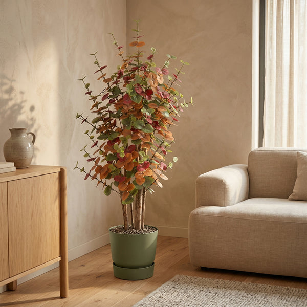 Kunstplant Eucalyptus Multicolor | 120cm — primo piano tronco di legno vero