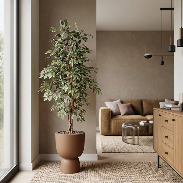 Kunstplant Ficus Benjamina Variegata | 160cm — primer plano tronco de madera real