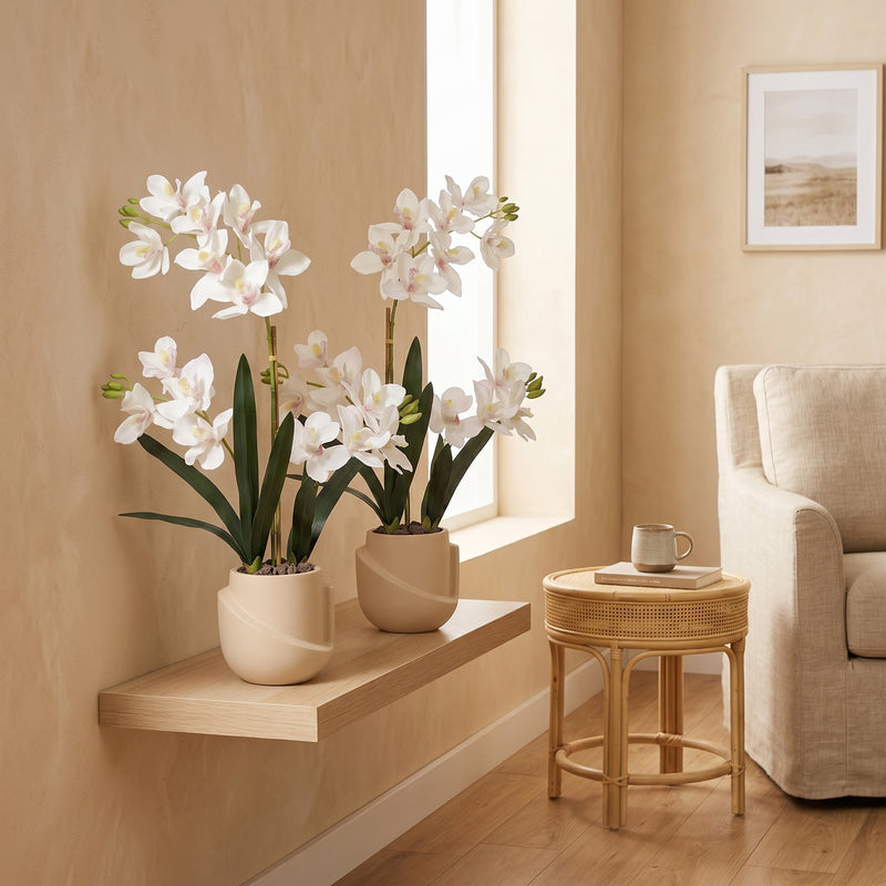





Orchideen-Duo mit weißem Ziertopf - Lifestyle foto kunstplant in interieur
